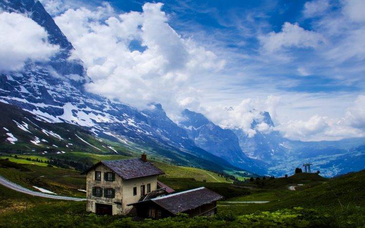 nature, Landscape, Mountain, Valley, Clouds, House, Road, Snow, Grass HD Wallpaper Desktop Background