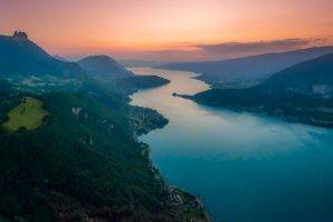 nature, Landscape, Sunset, Lake, Hill, City, Clouds, Mist, Aerial View, France
