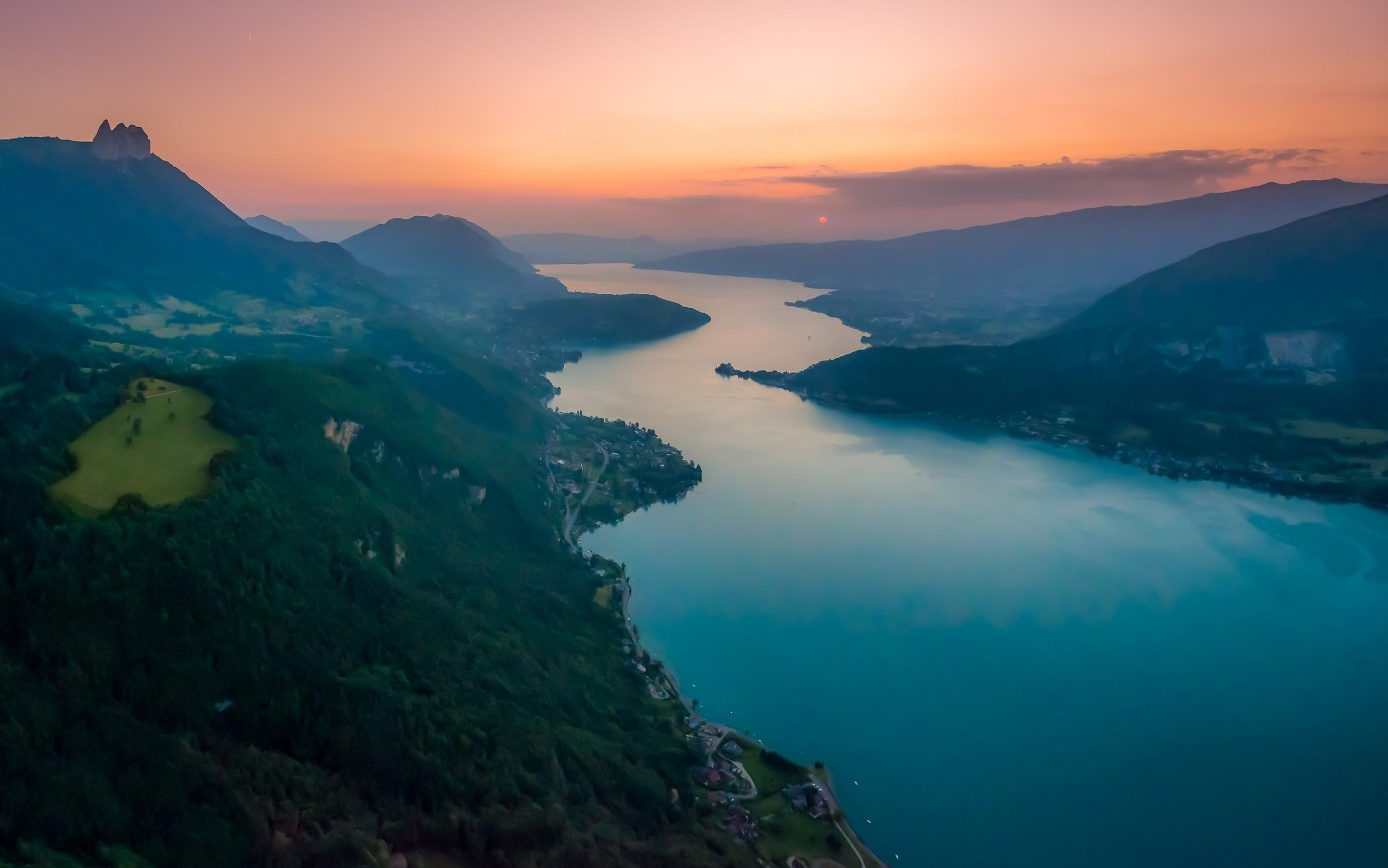 nature, Landscape, Sunset, Lake, Hill, City, Clouds, Mist, Aerial View, France Wallpaper