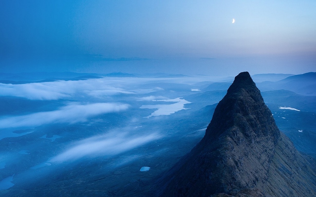 nature, Landscape, Valley, Mountain, Mist, Moon, Hill, Blue, Clouds, Lake, Sunrise Wallpaper