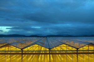 nature, Landscape, Hill, Clouds, Greenhouse, Yellow, Blue, Glass