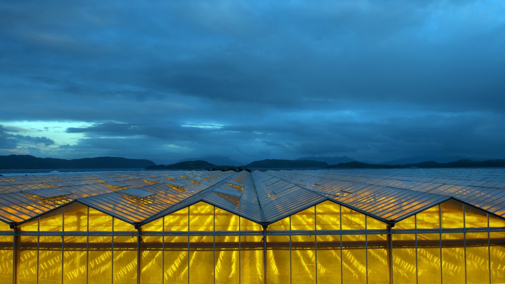 nature, Landscape, Hill, Clouds, Greenhouse, Yellow, Blue, Glass Wallpaper