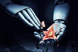 robot, 3D, Hand, Flowers, Butterfly, Technology