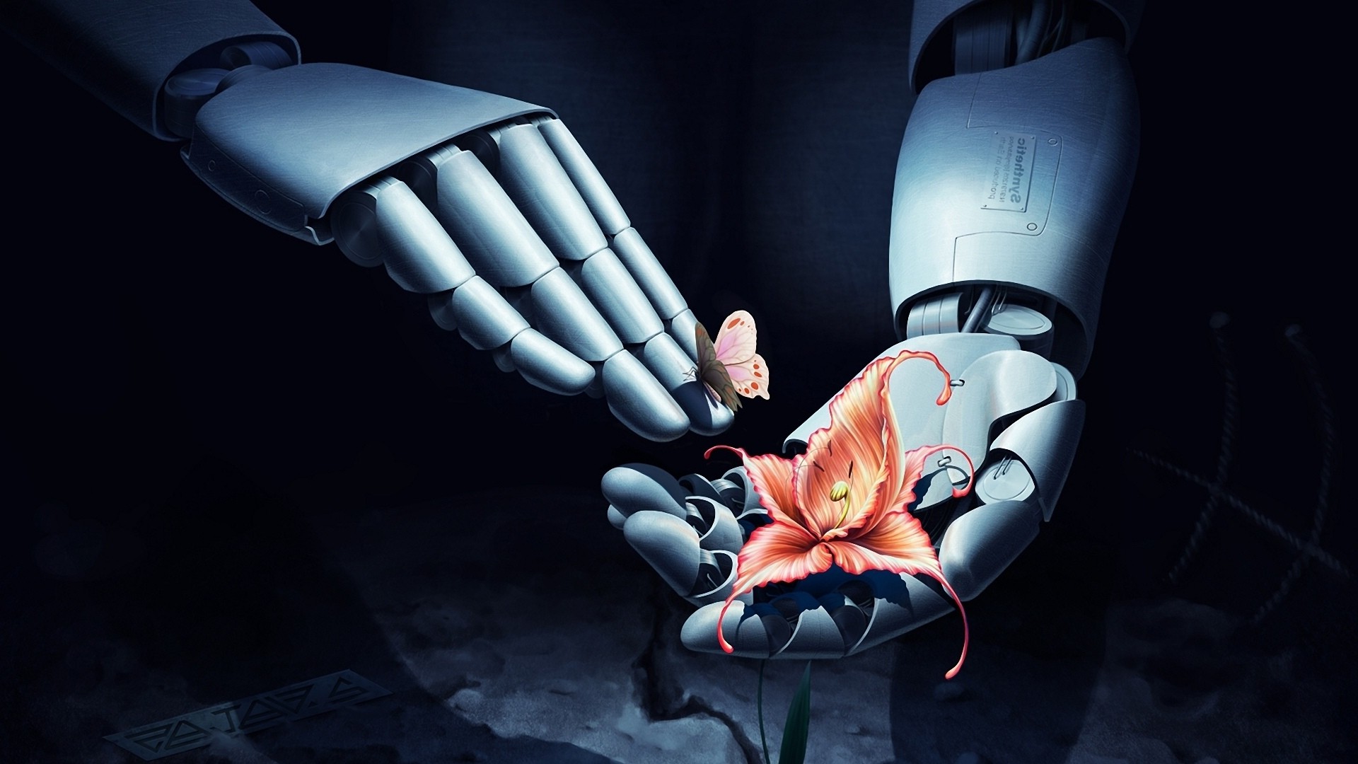 robot, 3D, Hand, Flowers, Butterfly, Technology Wallpaper