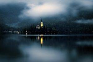nature, Landscape, Mist, Lake, Mountain, Forest, Island, Church, Lights, Slovenia
