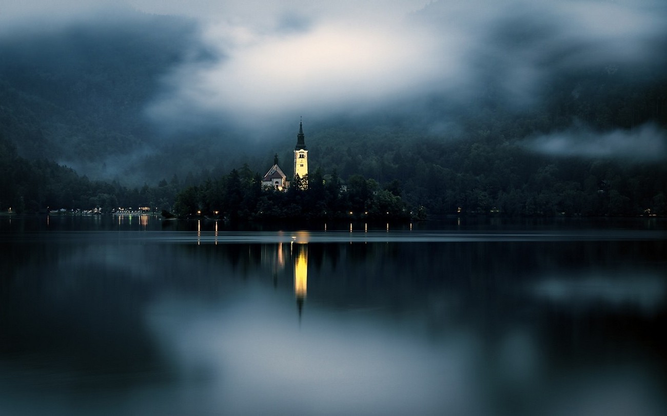 nature, Landscape, Mist, Lake, Mountain, Forest, Island, Church, Lights, Slovenia Wallpaper