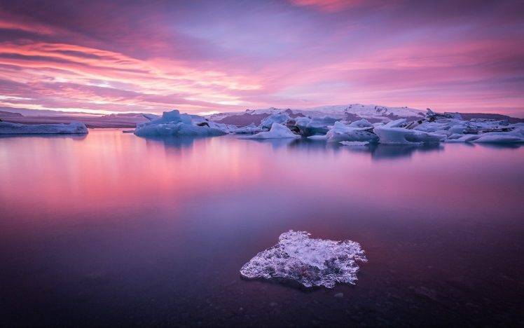 nature, Landscape, Winter, Sunrise, Clouds, Ice, Hill, Lake, Water HD Wallpaper Desktop Background