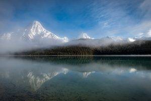 nature, Landscape, Canada, Lake, Mist, Forest, Mountain, Clouds, Morning, Snowy Peak, Reflection, Water