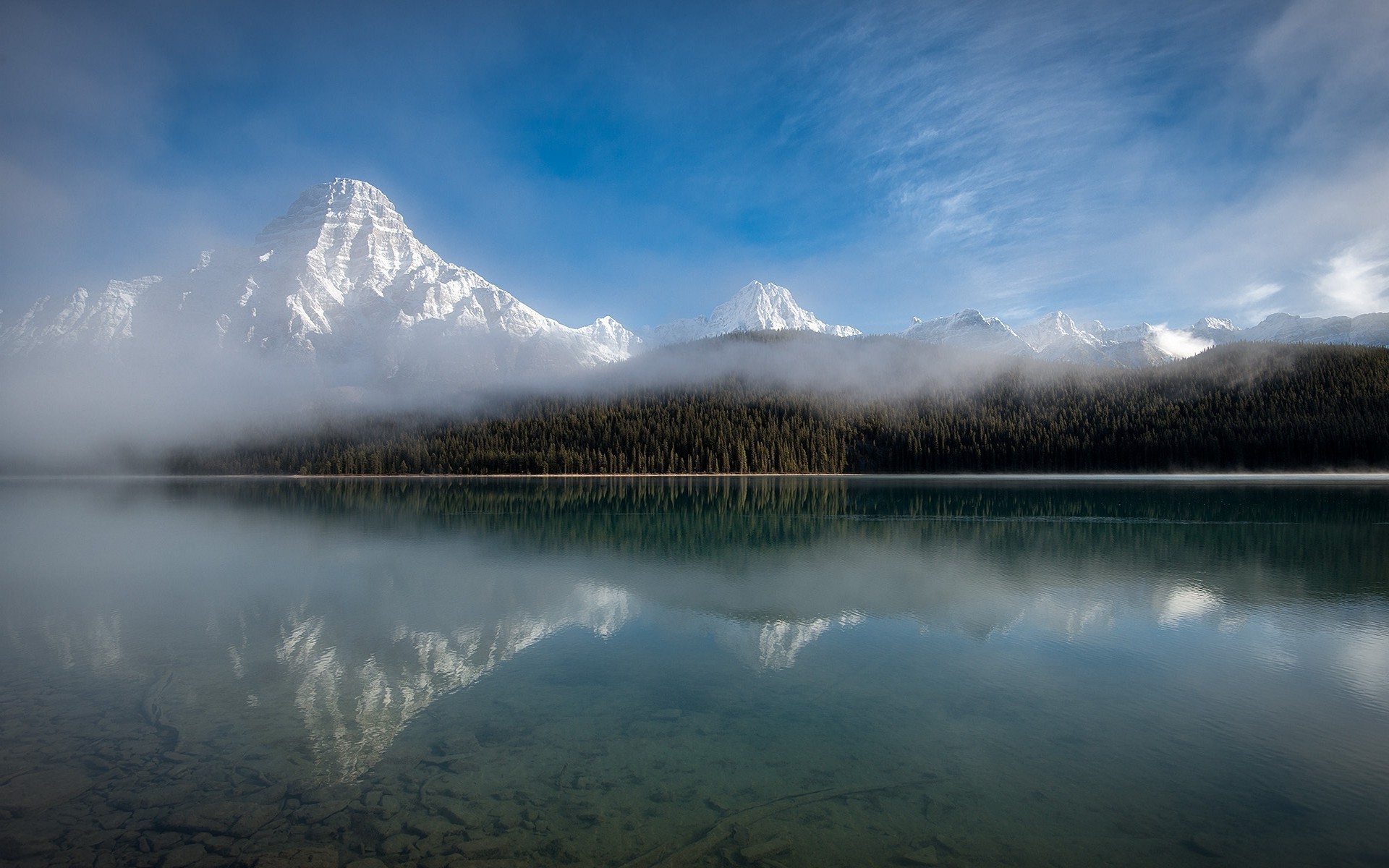 nature, Landscape, Canada, Lake, Mist, Forest, Mountain, Clouds, Morning, Snowy Peak, Reflection, Water Wallpaper