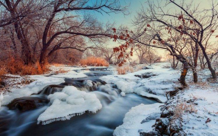 nature, Landscape, Winter, River, Snow, Trees, Shrubs, Sunset HD Wallpaper Desktop Background