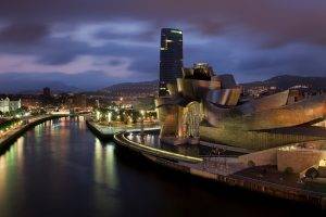 nature, Landscape, Bilbao, Spain, Museum, Skyscraper, Architecture, River, Hill, Lights, Night, Guggenheim, Frank Gehry