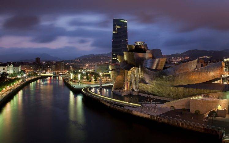 nature, Landscape, Bilbao, Spain, Museum, Skyscraper, Architecture, River, Hill, Lights, Night, Guggenheim, Frank Gehry HD Wallpaper Desktop Background