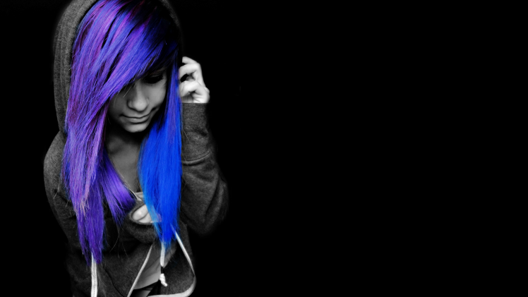 black, Selective Coloring, Emo, Blue Hair, Purple Hair, Black Background HD Wallpaper Desktop Background