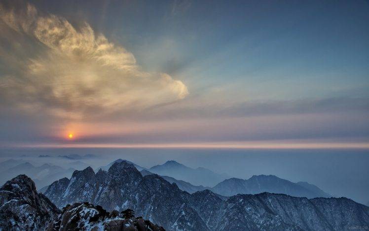 nature, Landscape, Sunset, Mountain, Mist, Clouds, Horizon, Snowy Peak, Summit HD Wallpaper Desktop Background
