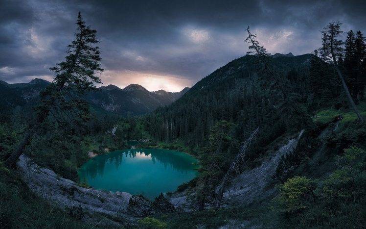 nature, Landscape, Lake, Mountain, Forest, Clouds, Sunset, Crater Lake, Tyrol, Austria, Trees, Turquoise, Water HD Wallpaper Desktop Background