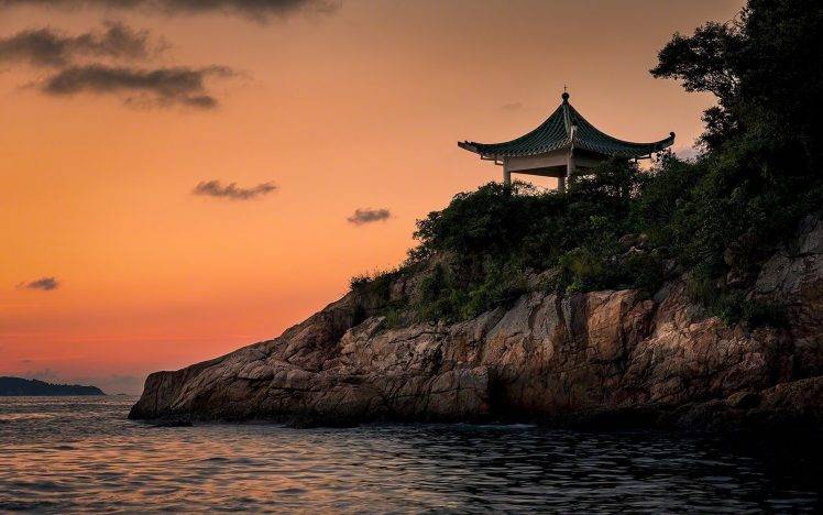 nature, Sunset, Coast, Landscape, Sea, Pagoda, Rock, Trees, Shrubs HD Wallpaper Desktop Background