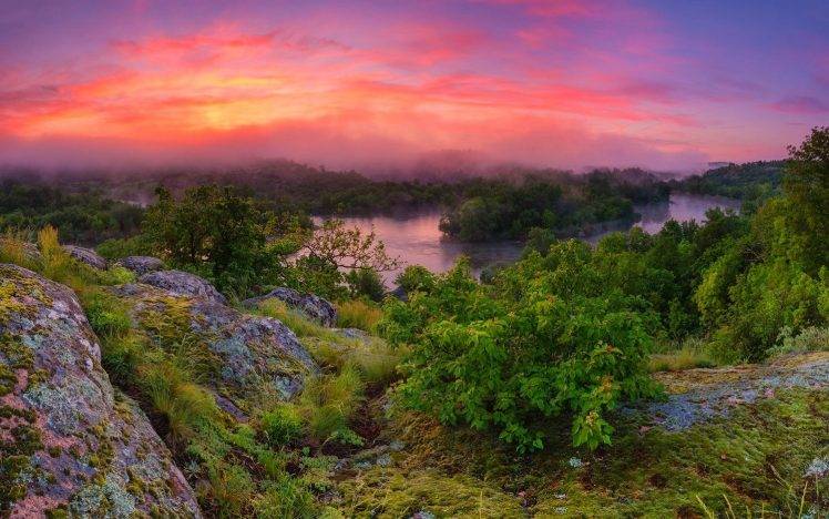 nature, Clouds, Sunrise, River, Landscape, Mist, Trees, Shrubs, Colorful HD Wallpaper Desktop Background