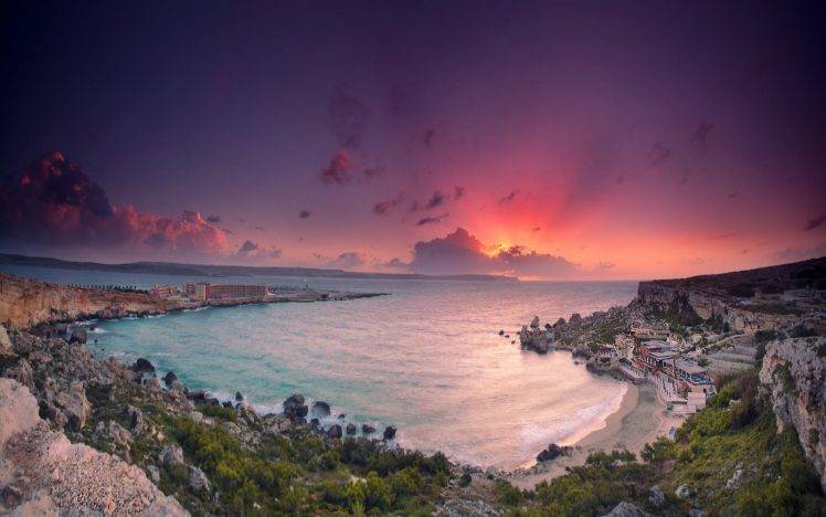 nature, Landscape, Beach, Sea, Vacations, Sunset, Cliff, Malta, Building, Rock, Bay, Clouds HD Wallpaper Desktop Background