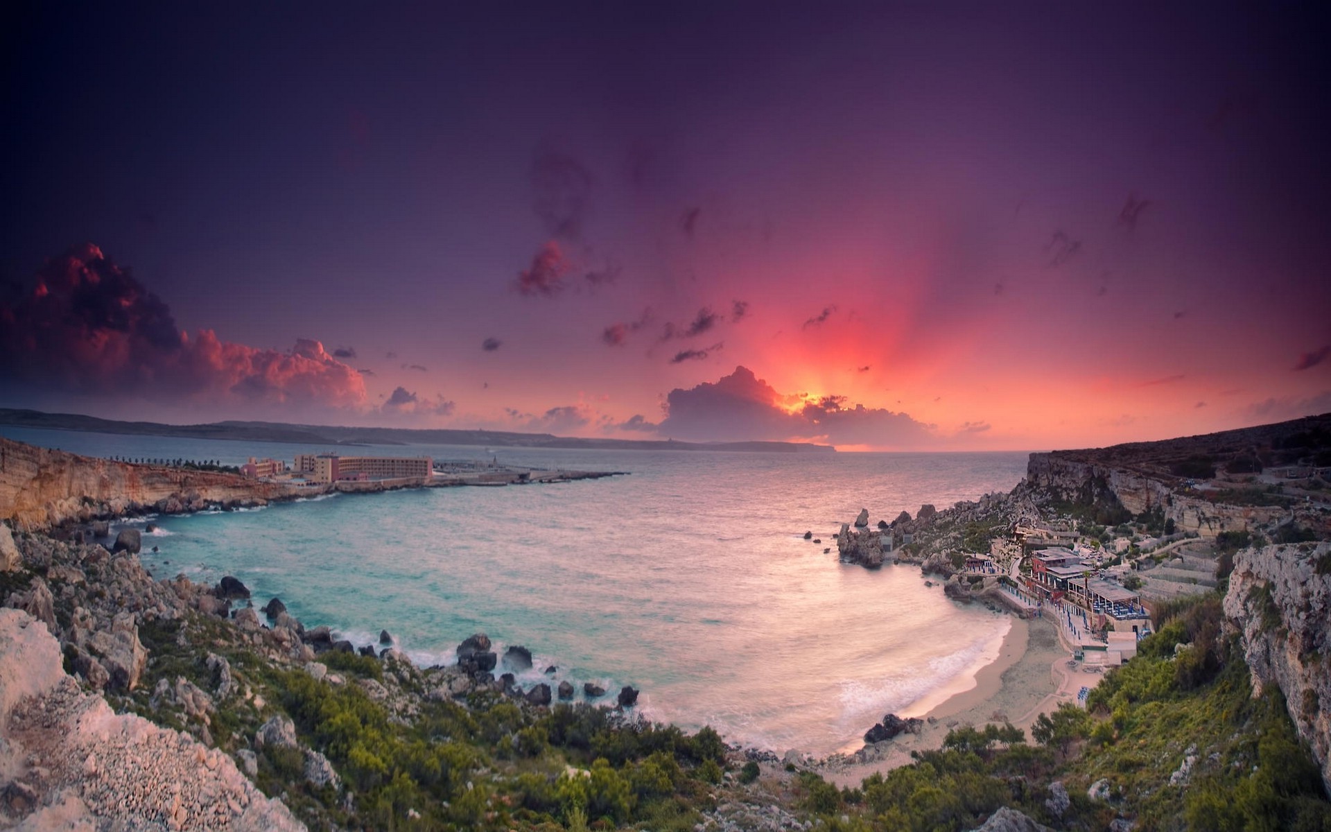 nature, Landscape, Beach, Sea, Vacations, Sunset, Cliff, Malta, Building, Rock, Bay, Clouds Wallpaper