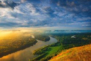 nature, Landscape, Mist, Sunrise, Clouds, River, Forest, Grass, Field, Moldova