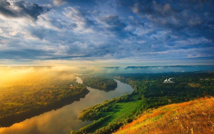 nature, Landscape, Mist, Sunrise, Clouds, River, Forest, Grass, Field, Moldova HD Wallpaper Desktop Background