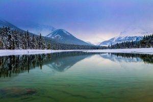 nature, Landscape, Lake, Forest, Mountain, Snow, Winter, Water, Jasper National Park, Canada