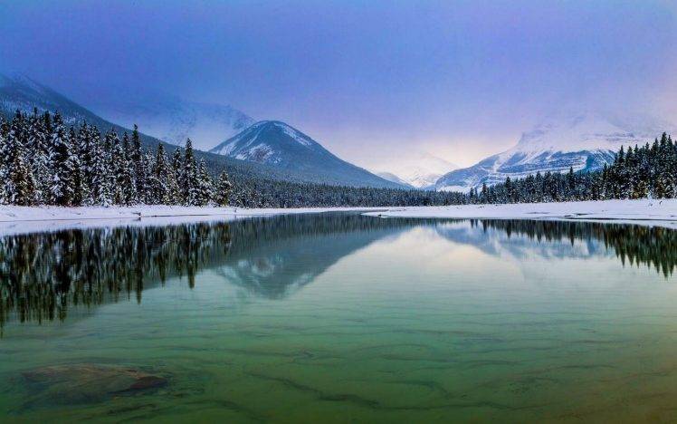 nature, Landscape, Lake, Forest, Mountain, Snow, Winter, Water, Jasper National Park, Canada HD Wallpaper Desktop Background