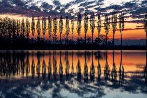 nature, Landscape, Trees, Clouds, Italy, Silhouette, Sunset, Water, Reflection, Symmetry, Branch