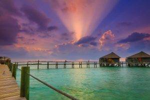 nature, Landscape, Sun Rays, Beach, Clouds, Resort, Sunset, Bungalow, Walkway, Sea, Maldives, Water