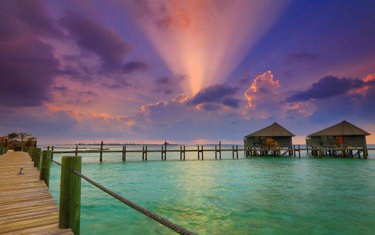 nature, Landscape, Sun Rays, Beach, Clouds, Resort, Sunset, Bungalow, Walkway, Sea, Maldives, Water HD Wallpaper Desktop Background