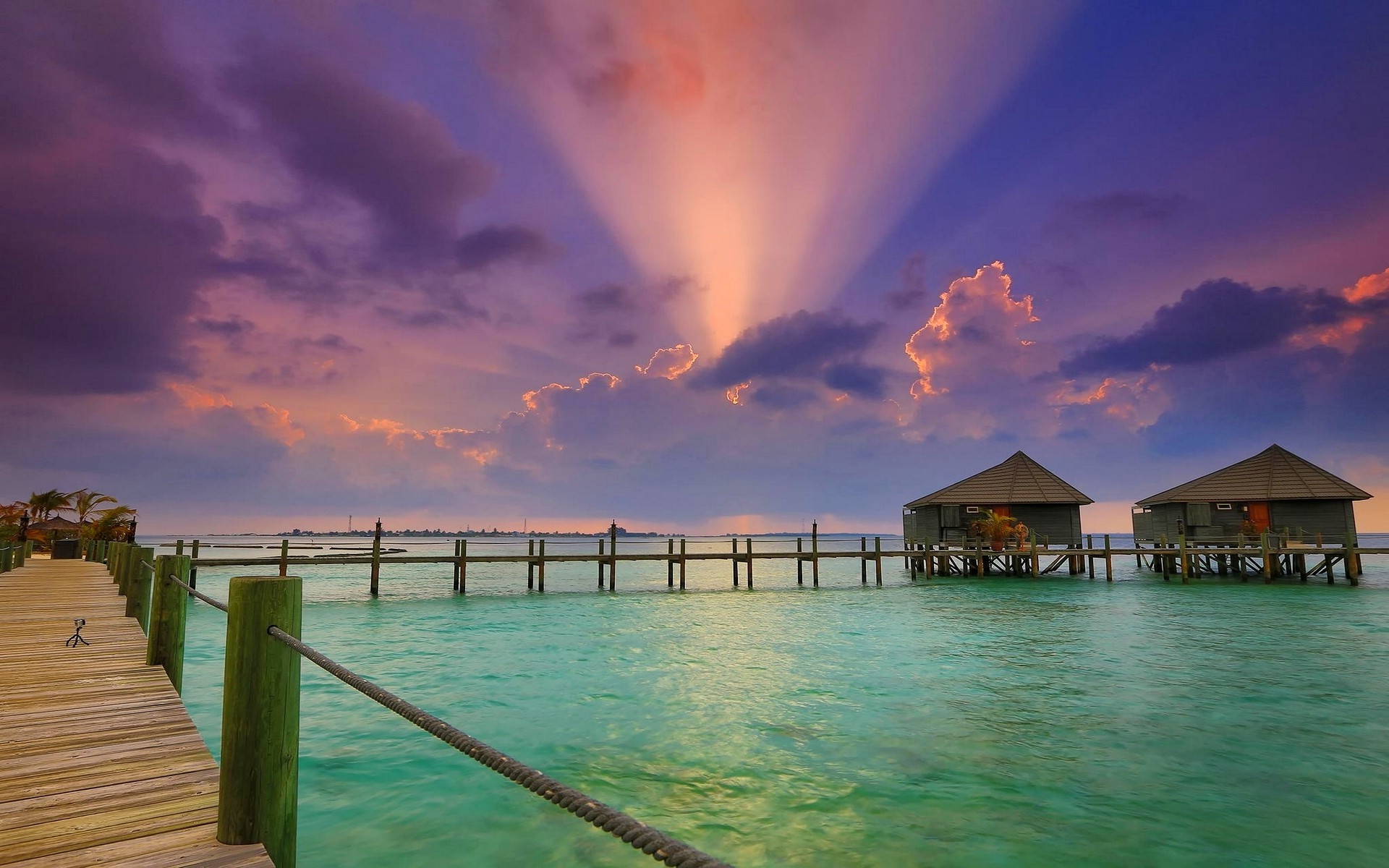 nature, Landscape, Sun Rays, Beach, Clouds, Resort, Sunset, Bungalow, Walkway, Sea, Maldives, Water Wallpaper