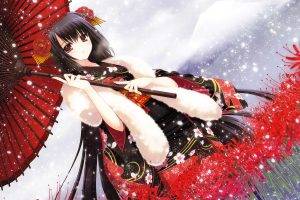 anime, Kimono, Anime Girls, Dark Hair, Snow, Flowers