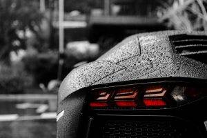 car, Lamborghini Aventador, Bokeh, Water Drops, Lamborghini, Rain, Selective Coloring, F22