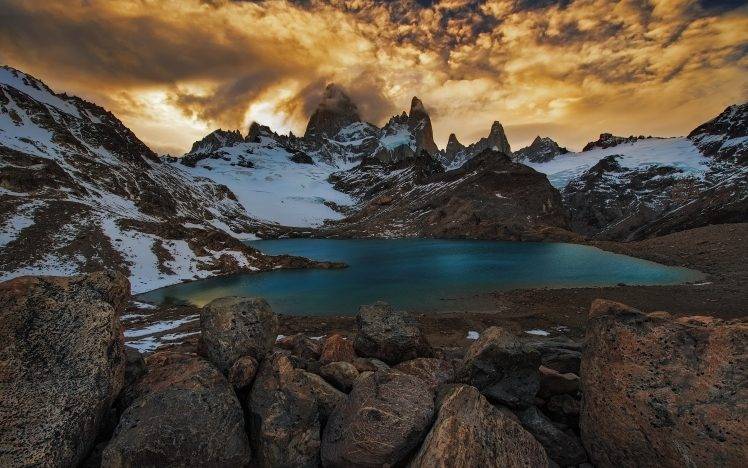mountain, Lake, Sunset, Nature, Clouds, Landscape, Argentina, Snowy Peak HD Wallpaper Desktop Background