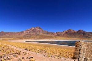 nature, Landscape, Atacama Desert, Chile, Lake, Hut, Dirt Road, Mountain, Shrubs, Blue