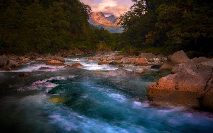 nature, Landscape, River, Rapids, Mountain, Sunset, Trees, Clouds HD Wallpaper Desktop Background