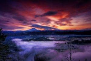 nature, Landscape, Sunset, Mist, Mountain, Forest, Clouds, Valley, Snowy Peak, Oregon