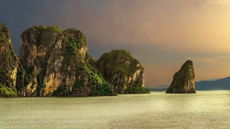 nature, Landscape, Island, Cliff, Limestone, Rock, Sunset, Sea, Clouds, Tropical, Shrubs HD Wallpaper Desktop Background