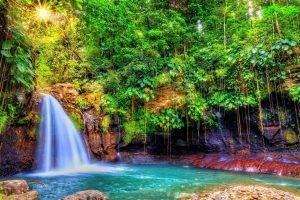 nature, Landscape, Waterfall, Forest, Sun Rays, Shrubs, Colorful, Trees, Tropical, Guadeloupe, Island, Caribbean