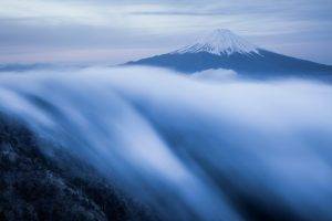 nature, Landscape, Mountain, Clouds, Mist, Japan, Island, Snowy Peak, Trees, Forest, Long Exposure, Birds Eye View