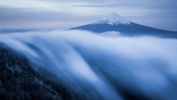 nature, Landscape, Mountain, Clouds, Mist, Japan, Island, Snowy Peak, Trees, Forest, Long Exposure, Birds Eye View HD Wallpaper Desktop Background