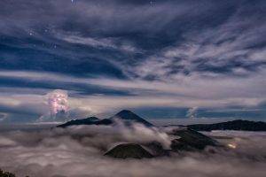 nature, Landscape, Mountain, Clouds, Mist, Indonesia, Evening, Stars, Trees, Forest, Lights, Birds Eye View