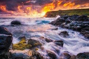 nature, Landscape, Sunset, Easter Island, Chile, Coast, Sea, Rock, Waves, Clouds, Cliff