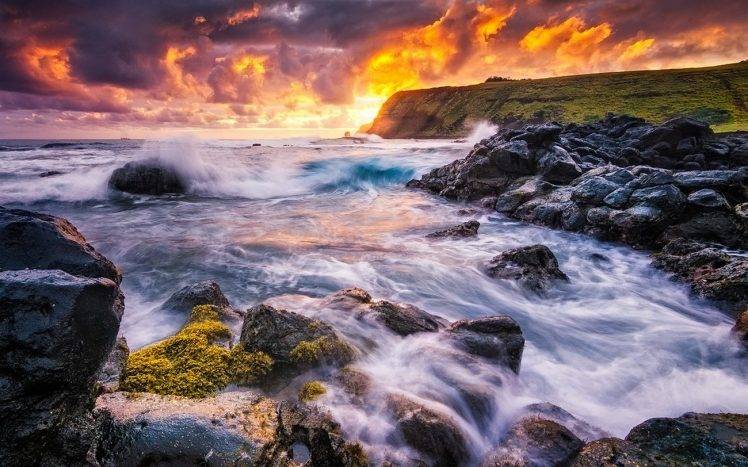 nature, Landscape, Sunset, Easter Island, Chile, Coast, Sea, Rock, Waves, Clouds, Cliff HD Wallpaper Desktop Background