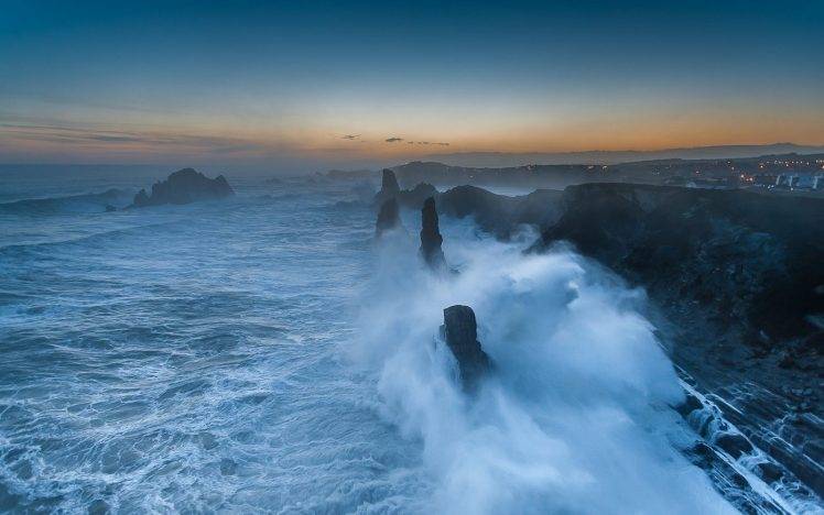 nature, Landscape, Waves, Sunset, Coast, Rock, Sea, Mist, Spain, Lights HD Wallpaper Desktop Background