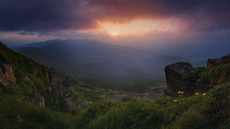 nature, Landscape, Ukraine, Mountain, Carpathians, Sunset, Mist, Clouds, Grass, Wildflowers HD Wallpaper Desktop Background