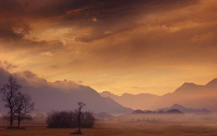 nature, Landscape, Mist, Clouds, Sunset, Mountain, Trees HD Wallpaper Desktop Background