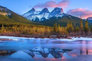 nature, Landscape, Frost, Mountain, Forest, Sunset, Canada, River, Clouds, Snowy Peak, Reflection, Trees