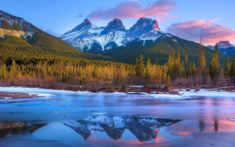 nature, Landscape, Frost, Mountain, Forest, Sunset, Canada, River, Clouds, Snowy Peak, Reflection, Trees HD Wallpaper Desktop Background