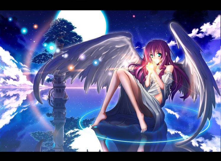 anime, Angel, Wings, Long Hair, Anime Girls, Moonlight, Original Characters, Pink Hair HD Wallpaper Desktop Background